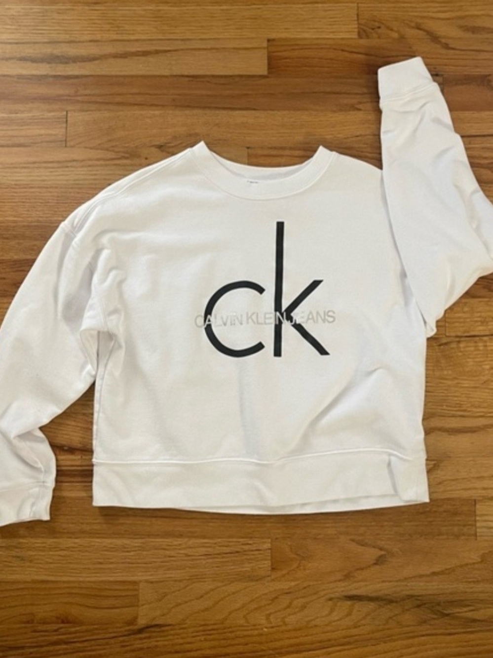 Calvin Klein White Crewneck with Black Logo Trim, Crop Sz M